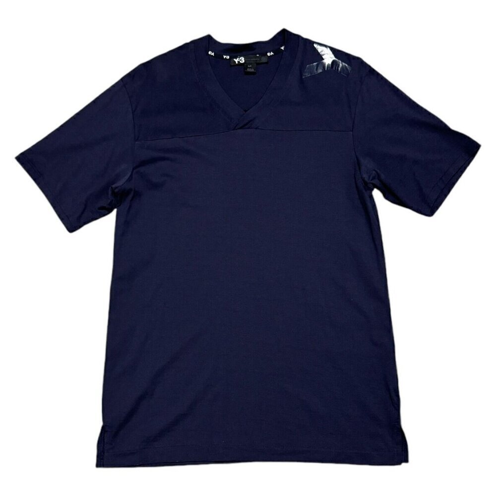 Y-3 Adidas Yohji Yamamoto Luxury Designer Streetwear V-Neck Blue Tee Shirt Small